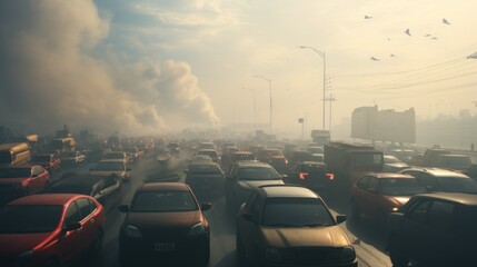 Traffic jams on the highway, dust, dirt, and impurities in the air The car was foggy and very covered. - obrazy, fototapety, plakaty