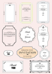 Set of ornate vector frames and ornaments with sample text. Perfect as invitation or announcement. All pieces are separate. Easy to change colors and edit.