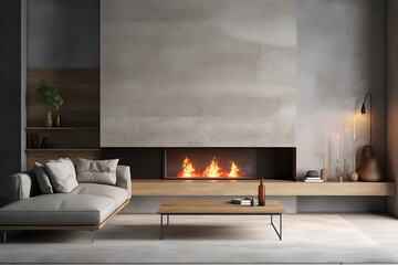 Living room with fireplace old concrete with modern furniture on wall, in the style of minimalist background