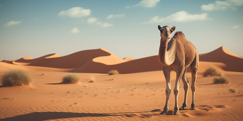 A camel stands in the desert with the sun setting  Sunset Elegance Lone Camel in the Sands