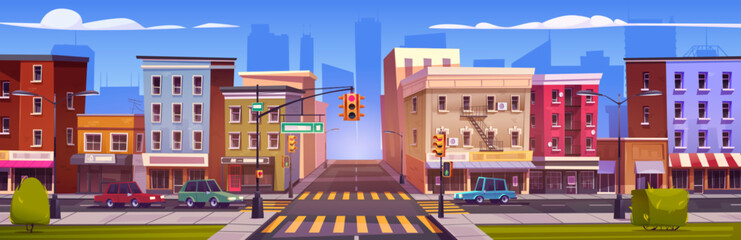 City street intersection. Vector cartoon illustration of cars on town road, modern office and apartment building facades with cafe and shops, traffic signs and lights, green lawn and bushes, blue sky