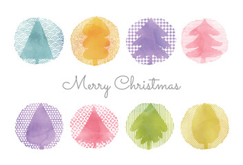 水彩と和風模様のカラフルでおしゃれなクリスマスツリーのクリスマスカード