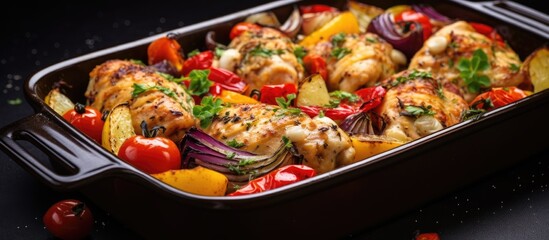 Colorful baked dinner with chicken perfect for the whole family
