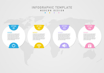 Infographic template 4 options simple business white circle text top center pastel colored semicircle Multi-colored top and bottom White icon below the map below. gray gradient background - obrazy, fototapety, plakaty