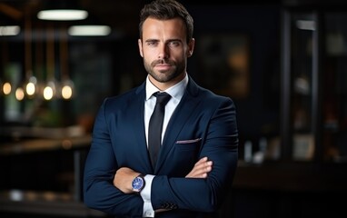 Fototapeta premium A successful businessman poses with his arms crossed and smiles at the camera