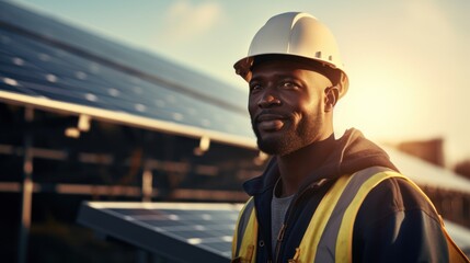 Solar panels, renewable energy and black man with tablet for construction, maintenance and inspection.