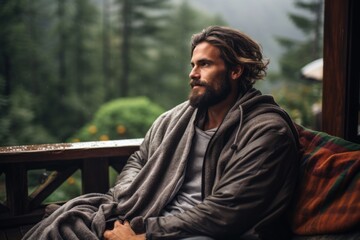 Fototapeta premium stylish man traveler in blanket relaxing on porch of wooden cabin in rainy day on background of woods