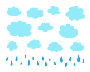 Cute doodle drawing cloud with drops. Blue sky and rain hand drawn style