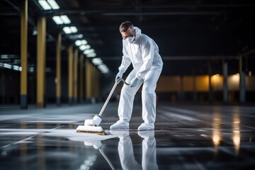 The man in the repairman is holding a mop in a white suit, cleaning the protective clothing of the new epoxy floor in an empty warehouse