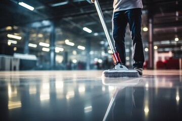 The man in the repairman is holding a mop in a white suit, cleaning the protective clothing of the new epoxy floor in an empty warehouse - obrazy, fototapety, plakaty