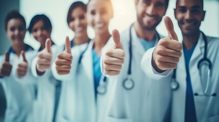 Thumbs up, success and team of doctors for healthcare support, thank you or excellence in hospital services. Medical group - obrazy, fototapety, plakaty