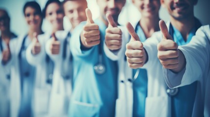 Thumbs up, success and team of doctors for healthcare support, thank you or excellence in hospital services. Medical group - obrazy, fototapety, plakaty