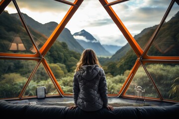 Woman looking out at nature from geo dome tents. - obrazy, fototapety, plakaty