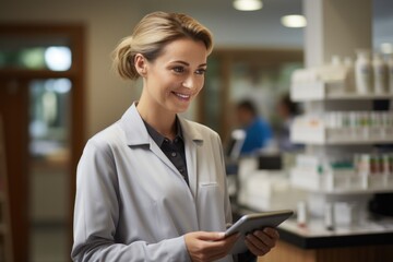 pharmacist and tablet for consulting patients, prescriptions, or healthcare advice at the pharmacy.