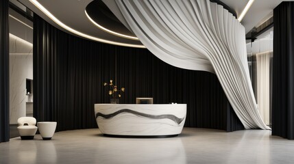 Fototapeta na wymiar Contemporary interior area with a black marble reception desk, walls adorned with white draped curtains, an exceptional black-and-white striped ceiling pattern, and a single white door