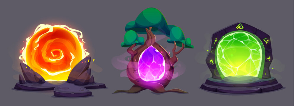 Fantasy game door with magic glowing portal to travel in space and time. Cartoon vector illustration set of wood and stone gate with neon illuminated magma entrance for adventure in parallel world.