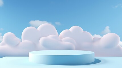 3D rendering of a serene pastel blue sky with a minimalist cloud backdrop and a podium, ideal for product display staging