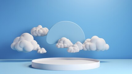 3D rendering of a serene pastel blue sky with a minimalist cloud backdrop and a podium, ideal for product display staging
