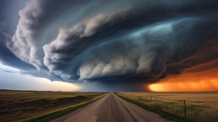 A dramatic landscape unfolds as storm clouds loom above the distant road, setting a foreboding tone against the backdrop of North Dakota's vast terrain