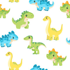 Bright vector seamless pattern. Cute dinosaurs. Pattern for baby clothes, textiles, diapers and fabrics. Vector illustration