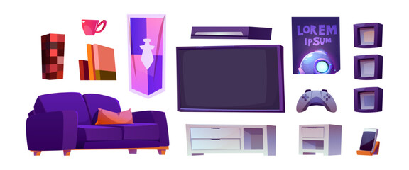 Room interior furniture and equipment for game and stream. Cartoon vector illustration set of elements for esport player setup - tv with console and joystick, sofa and cabinet, wall posters. © klyaksun