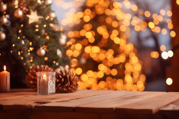 Fototapeta na wymiar Warm Candlelight Pinecones by Christmas Tree