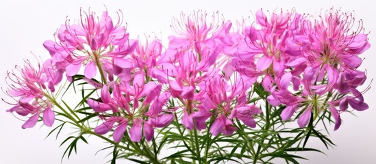 Cleome hassleriana also called the spider flower is distinct due to its tall stem numerous legs and spider like leaves - obrazy, fototapety, plakaty
