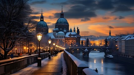 Winter landscape of Prague, Czech in night light