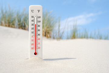Hot summer day. Celsius and fahrenheit scale thermometer in the sand. Ambient temperature plus 33 degrees - obrazy, fototapety, plakaty