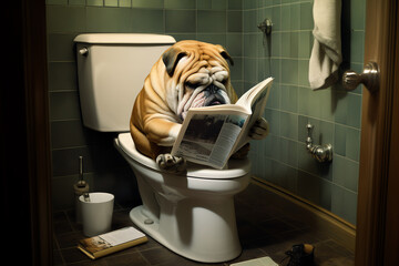 Bulldog reading newspaper on toilets, AI generated - obrazy, fototapety, plakaty