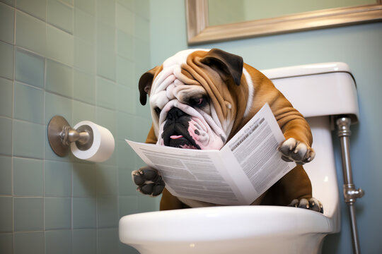 Bulldog reading paper on toilets, AI generated