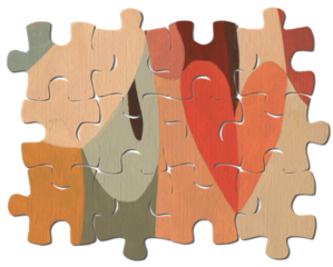 puzzle pieces of different colors and heart shapes, symbolizing inclusion and cooperation, forming a beautiful pattern