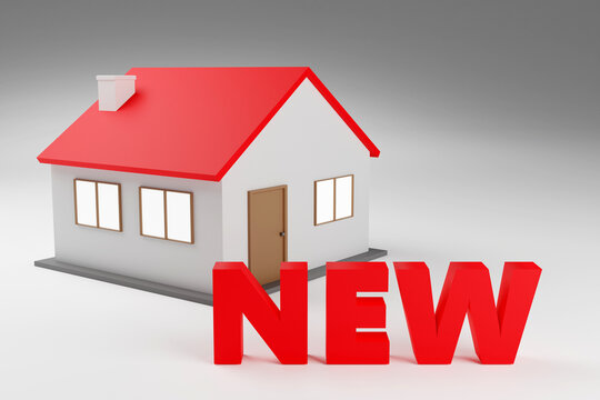 Luxury red inscription new on grey podium with small house, soft light, smooth background, 3d rendering