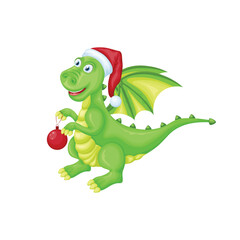 Fototapeta premium Dragon. Cute children s Christmas illustration with the image of a dragon in a Santa Claus hat with a Christmas tree toy in his hands. Cute Christmas dragon in cartoon style. A symbol of the new year