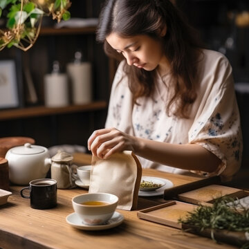 beautiful woman packing tea. AI Generated