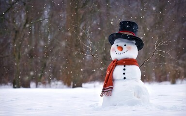 A snowman donning a quirky hat and scarf, surrounded by a snowy landscape and falling snowflakes