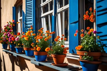 Fototapeta na wymiar Blue painted façade of the house and window with flowers. Colorful architecture in Burano island, Venice, Italy