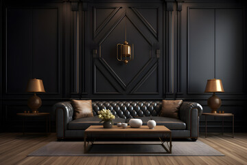 Interior of a luxury home black living room with table, leather couch and dark wall, in the style of elegantly formal minimalist background