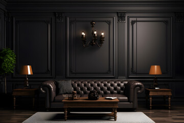 Interior of a luxury home black living room with table, leather couch and dark wall, in the style of elegantly formal minimalist background - obrazy, fototapety, plakaty
