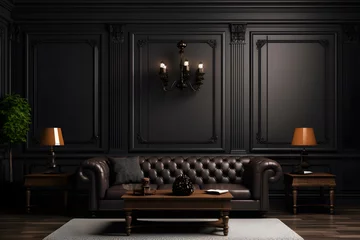 Foto op Plexiglas Interior of a luxury home black living room with table, leather couch and dark wall, in the style of elegantly formal minimalist background © Black Pig