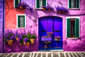Violet house with violet flowers. Colorful houses in Burano island near Venice, Italy