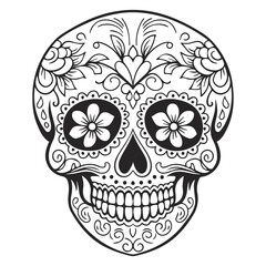 Patterned skull drawing, black and white print ready, editable eps