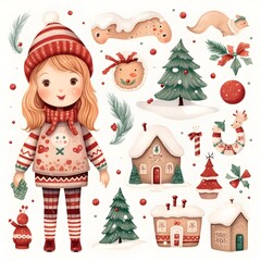 A watercolor painting of a set of Christmas illustrations