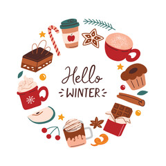 Hello winter greeting card for Chrismas and New Year, template with hand lettering, vector arrangement with chocolate, cookies, spices, cozy winter composition with hot drinks and desserts, banner