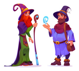 Male wizard characters set isolated on white background. Vector cartoon illustration of old bearded men wearing vintage hats and costumes, wooden staff and spell effect in hands, merlin and sorcerer