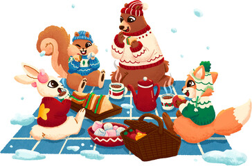  Animals Having Christmas Dinner Illustration