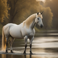 white horse in a field - obrazy, fototapety, plakaty
