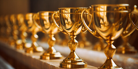 Closeup View of a Row of Golden Award Trophy Cups