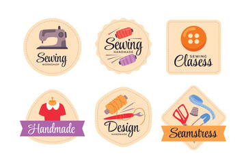 Set of Sewing Badge Collection, vintage tailor labels, handmade textile fabrics design with sewing machine, button, mannequin, scissors and pin.