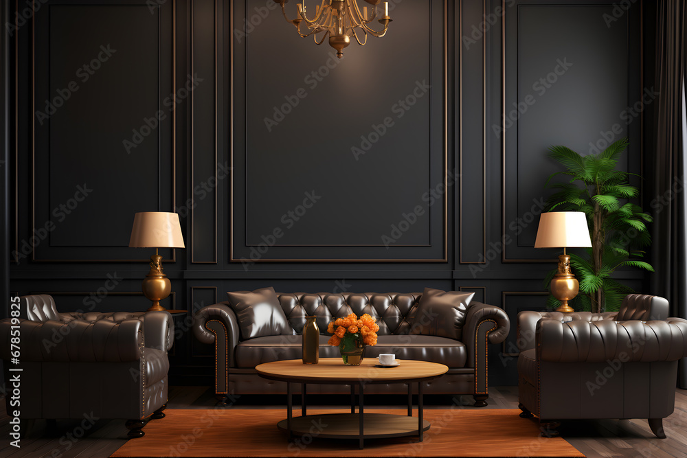 Wall mural Luxury living room with leather sofa and black furniture in a dark room, Interior in the style of retro classic